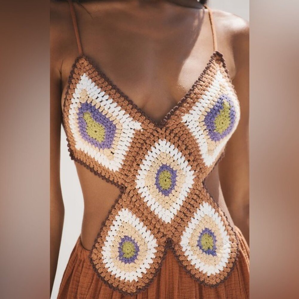 NEW By Anthropologie Boho Crochet Twofer Jumpsuit Rust Cream backless - Picture 9 of 14